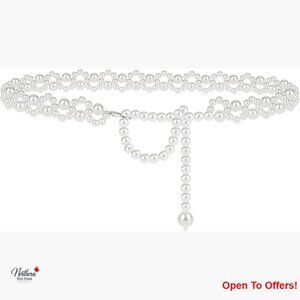 Plus Size White Pearl Stretchable Chain Belt, Flexible Adjustment Fashion